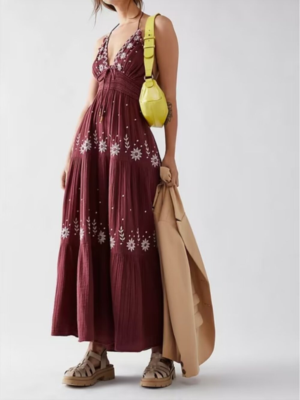 Free People Burgundy Maxi Dress with White Embroidered Floral